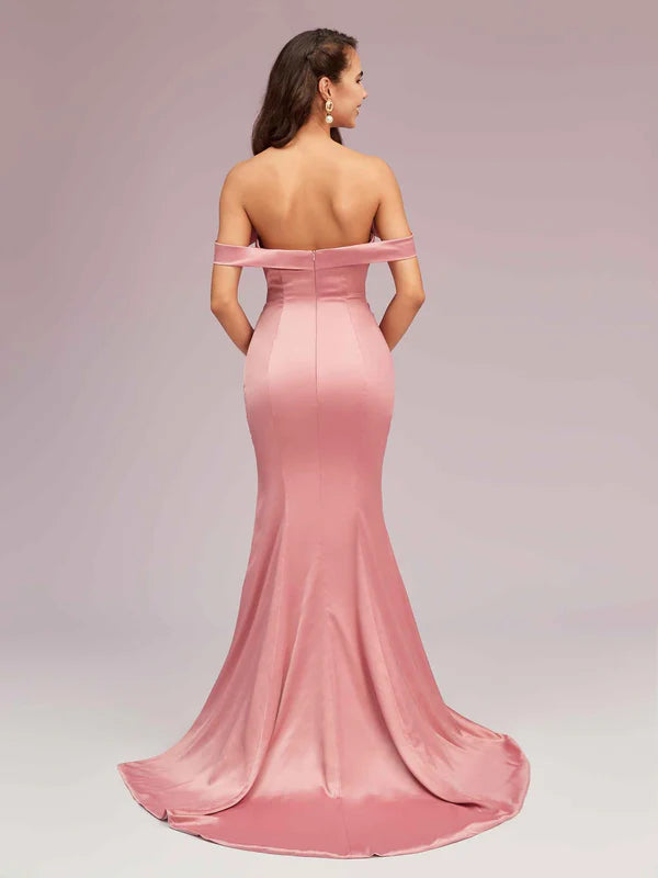 Robe de soirée longue en satin plissé, style sirène, épaules dénudées, sexy, avec traîne